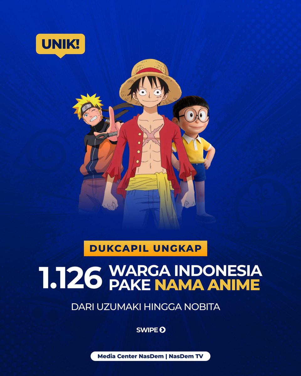 NasDem's tweet photo. Uzumaki? Nobita? Ada di Indonesia! 

Dukcapil mencatat 1.126 warga Indonesia punya nama yang terinspirasi dari tokoh anime. Unik banget, ya! 😆

Kalau kamu pernah ketemu nama unik lainnya, spill di kolom komentar! 

#PartaiNasDem #Weekend 

#NasDem #NamaUnik #AnimeIndonesia https://t.co/qGOxY4BJOV