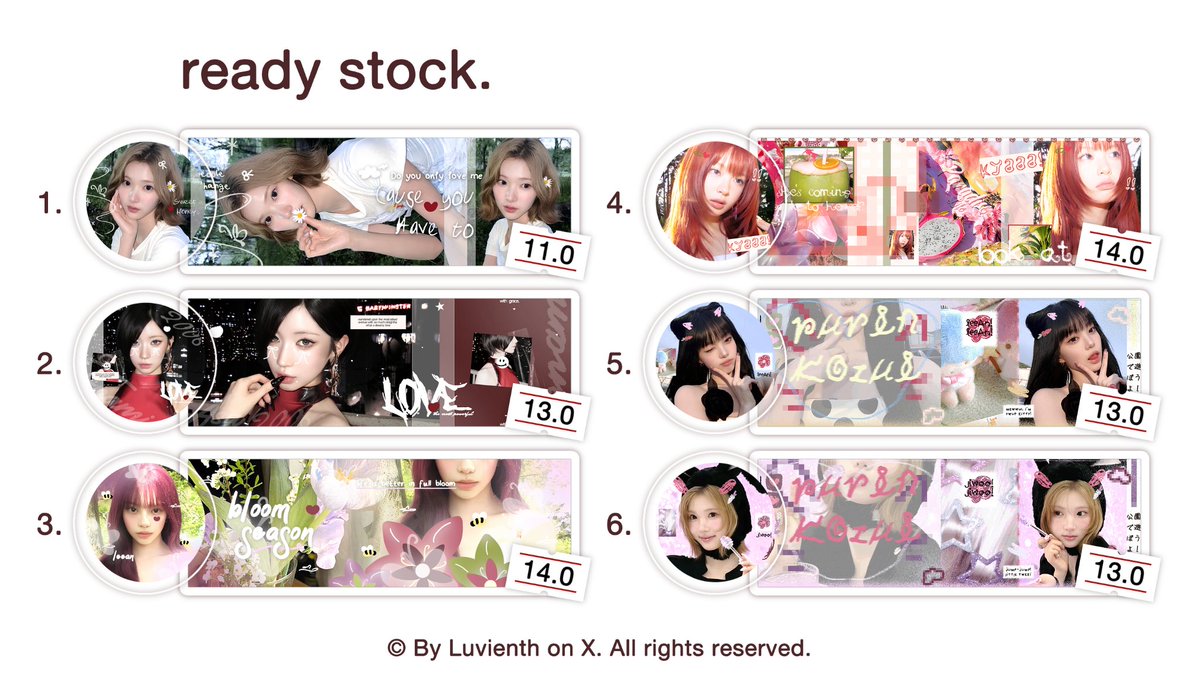 Luvienth's tweet photo. Help repost? Thank you so much. ♡

LAYOUT READY STOCK: Jiwoo, Asa, Ian, Kya, Minju, Wonhee, Yuha, Liz, Giselle. Price on pic, available retext on nickname. Don't forget to mention after DM!

✰ #zonauang https://t.co/166od8Va2e