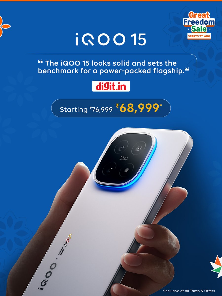 IqooInd's tweet photo. Power that doesn’t know when to stop. ⚡

The iQOO 15 brings flagship-level performance with Snapdragon 8 Elite Gen 5, a massive 7000mAh Silicon Anode Battery, and enough firepower to keep up with whatever you throw at it. 🔥

And now, it’s yours starting at ₹68,999*.

The Great Freedom Sale is ON.
Ready to go all in? 👀

*inclusive of taxes & offers

#iQOO15 #iQOO #GreatFreedomSale #Snapdragon #Gaming #Flagship