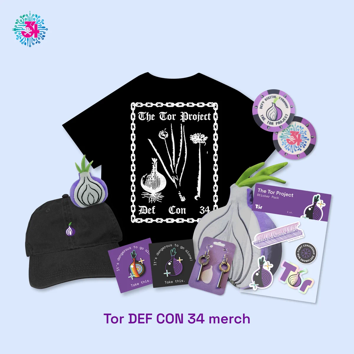 Collage of Tor's DEF CON merch on a light blue background including a black T-shirt with white onion and floral print, two onion plushies, one large, one small, a sticker pack, two poker chips with Tor onion and DEF CON branding, and a set of handcuff key earrings.