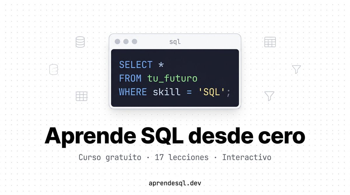midudev's tweet photo. ¿Quieres aprender SQL de forma práctica y desde cero?
He preparado un recurso 100% gratuito con:

✓ 26 lecciones en Español con ejercicios
✓ Desde SELECT hasta índices y subconsultas
✓ Con diagramas y playground en el navegador

→ https://t.co/k2QYOoqDMx https://t.co/6BJMKeytUk