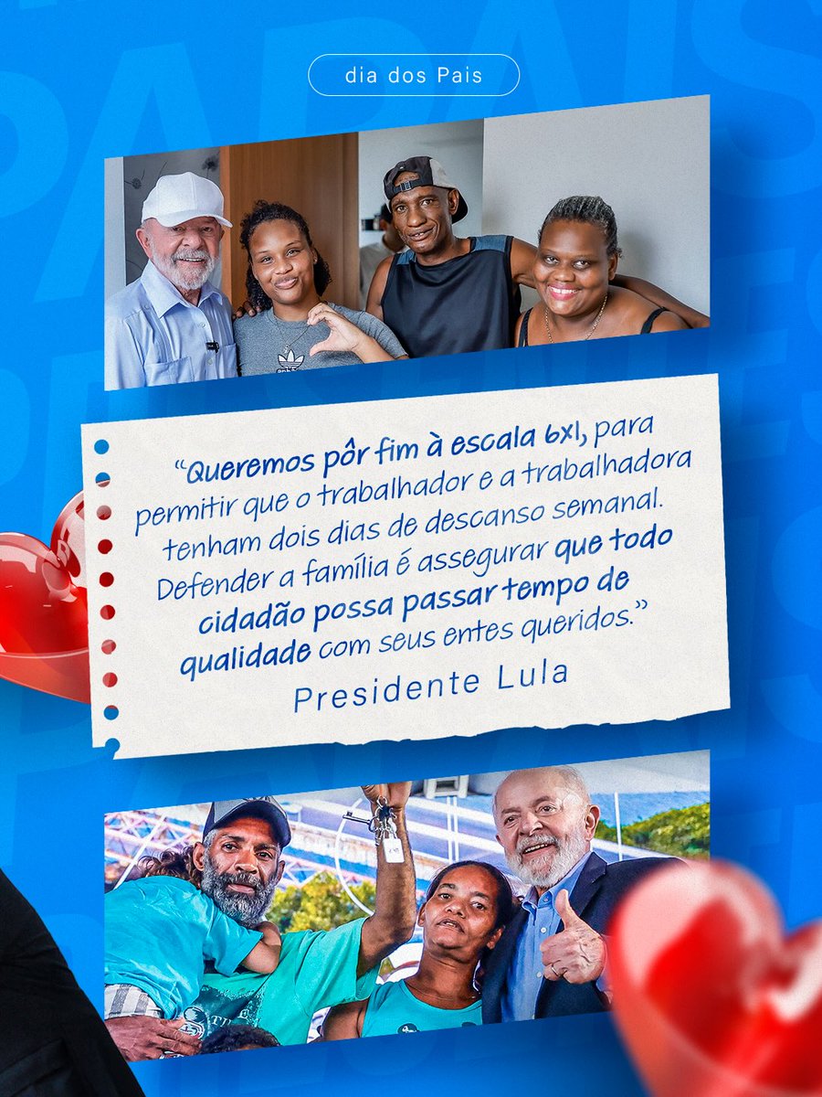 LulaOficial's tweet photo. O maior presente que um pai pode receber é ter mais tempo com os filhos. Tempo para acompanhar cada fase, brincar, conversar e estar presente de verdade.

É por isso que estamos empenhados em acabar com a escala 6x1. 

(+) https://t.co/IezSHLpwAw