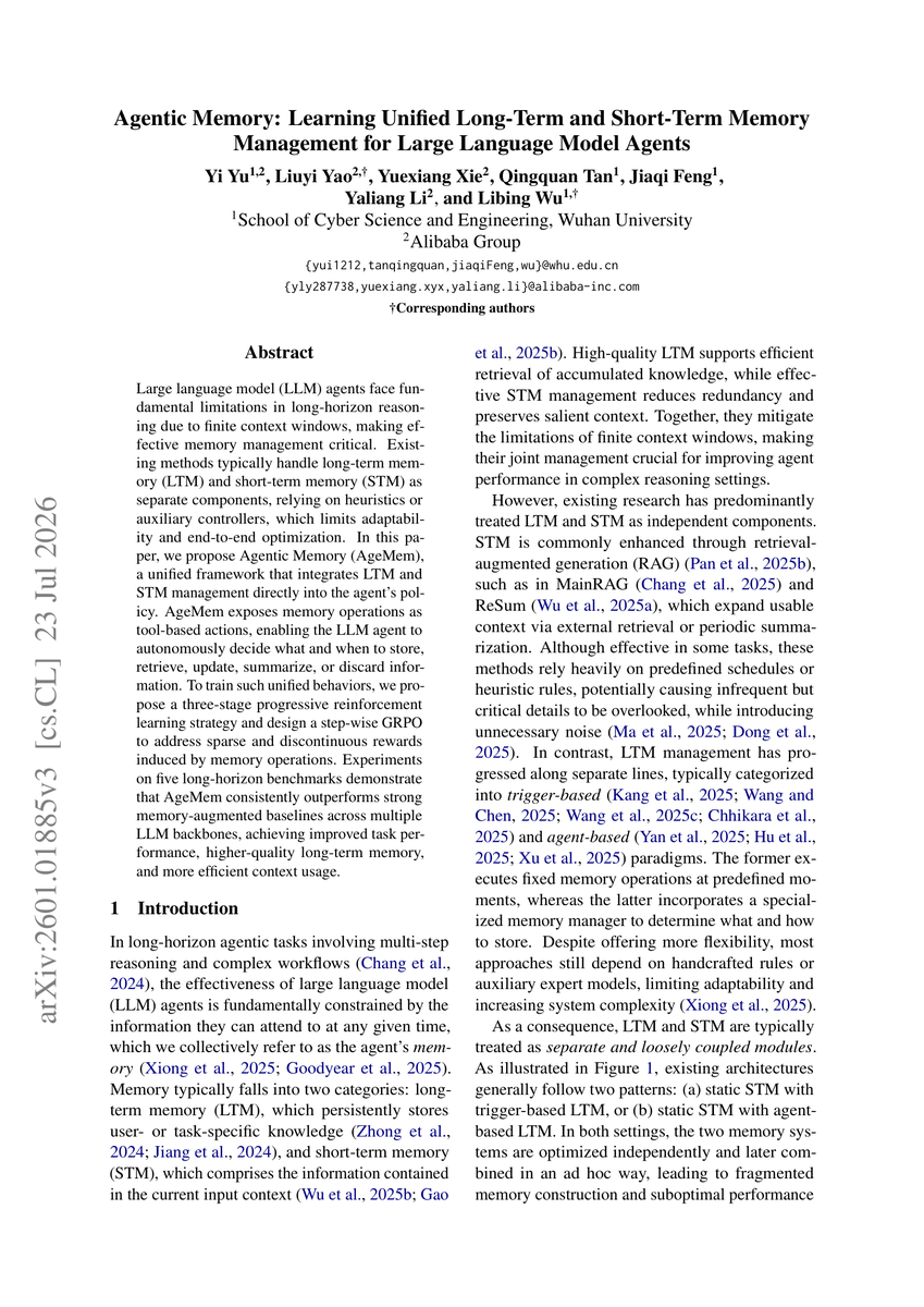 First page of the Agentic Memory paper showing the abstract for AgeMem and its unified long-term and short-term memory design
