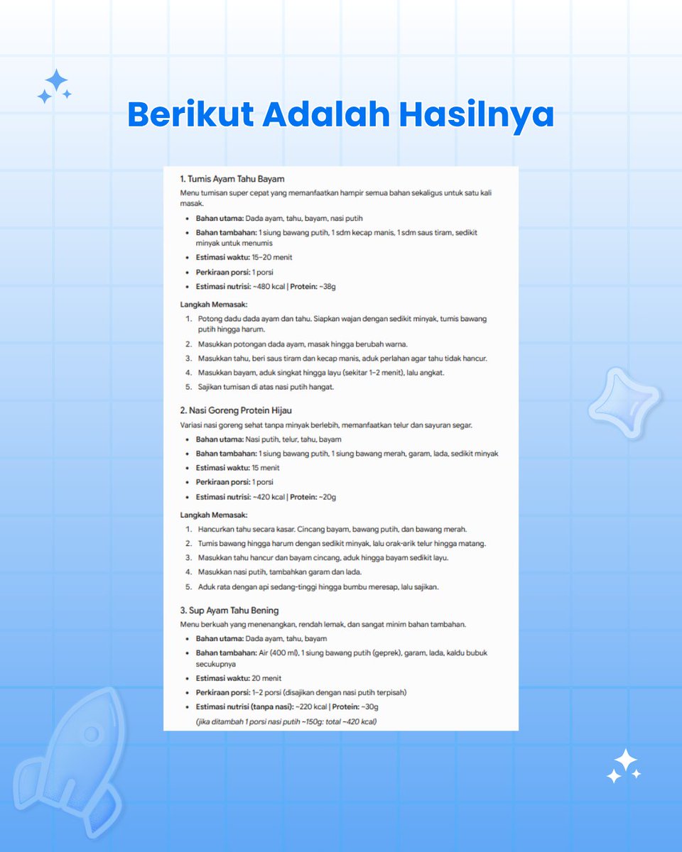 Vallms05's tweet photo. Pernah buka kulkas, isinya ada bahan makanan tapi nggak tahu mau dimasak jadi apa?
Coba masukin semua bahan yang ada ke Gemini.😁🙌🏻

@googleindonesia 
#TeamGoogle #GoogleStudentAmbassador #GSA2026 #Gemini #GoogleAI https://t.co/FrifmfJwef