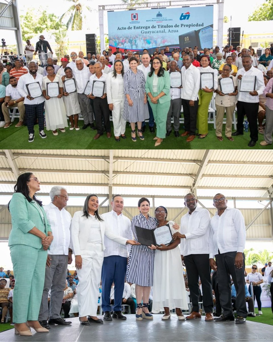 AgriculturaRD's tweet photo. 🏡 Ministro de Agricultura acompaña a vicepresidenta Raquel Peña en entrega de títulos en Azua

Azua.– El ministro de Agricultura, Francisco Oliverio Espaillat Bencosme, acompañó a la vicepresidenta de la República, Raquel Peña, durante el acto de entrega de 450 títulos de propiedad a igual número de familias de la comunidad de Guayacanal, municipio de Pueblo Viejo, provincia Azua. 🇩🇴

Esta iniciativa brinda seguridad jurídica a cientos de familias sobre sus hogares, solares y parcelas, abriendo nuevas oportunidades para su desarrollo y fortaleciendo el patrimonio de quienes durante años esperaron contar con la documentación definitiva de sus propiedades. 🏡🌱

El proyecto contempla un total de 759 títulos, que beneficiarán a alrededor de 1,800 personas, como resultado del trabajo desarrollado por la Unidad Técnica Ejecutora de Titulación de Terrenos del Estado (UTECT) junto a Bienes Nacionales. 

Durante la jornada estuvieron presentes la senadora de Azua, Lía Ynocencia Díaz Santana; la gobernadora provincial, María Minerva Navarro; el director ejecutivo de la UTECT, Duarte Méndez; el director general de Bienes Nacionales, Rafael Burgos; autoridades municipales, legisladores y representantes de distintas instituciones del Estado.