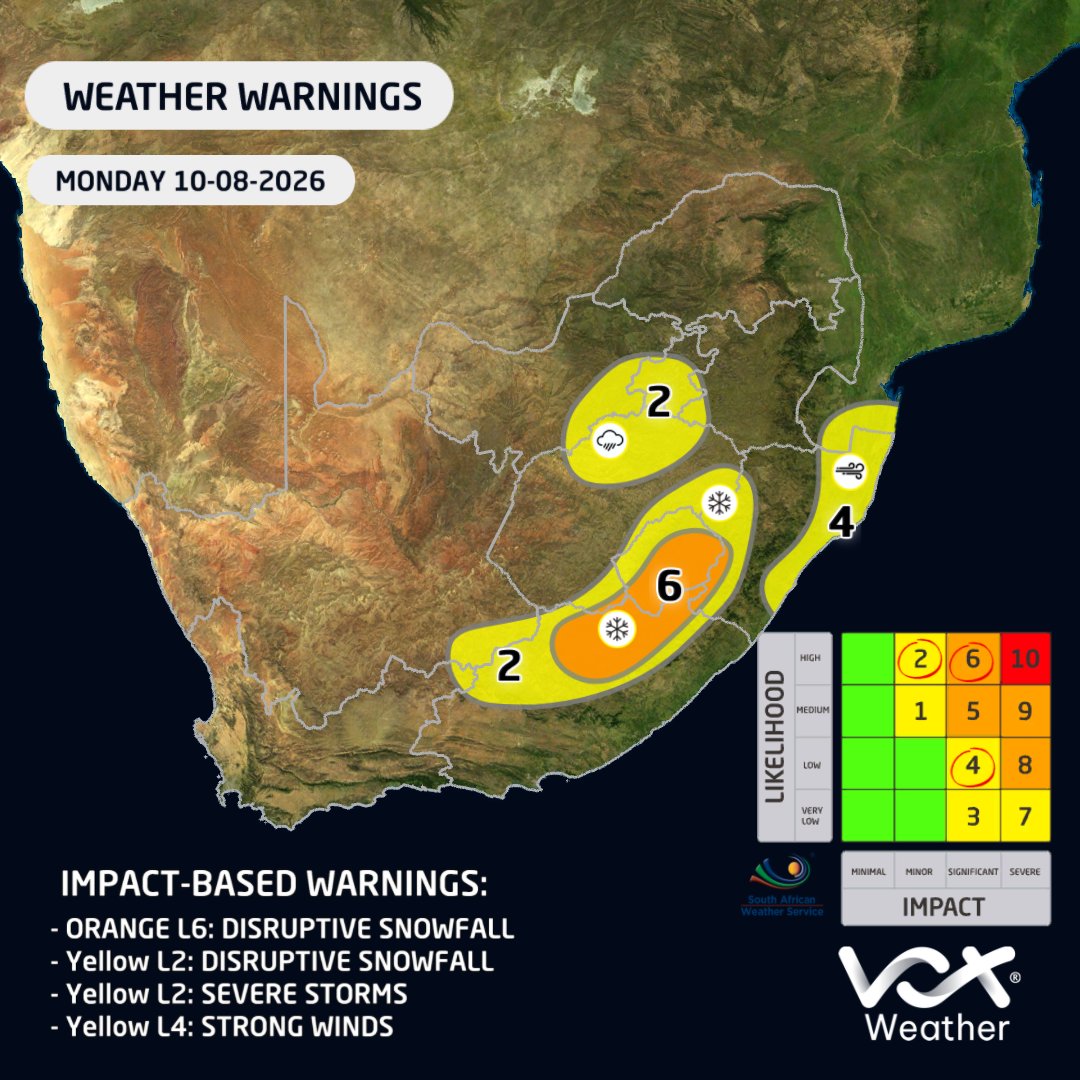 VoxWeatherZa's tweet photo. WEATHER MAPS and WARNINGS for this PUBLIC HOLIDAY – 10 August 2026
⚠️🥶⚠️ BIG FREEZE WARNING ⚠️🥶⚠️
A strong CUT-OFF LOW brining HEAVIER RAIN to the eastern parts of the country, with SIGNIFICANT SNOWFALL possible
#VoxWeather #ColdFront #Snow #CutOffLow https://t.co/m2OcVGb8V0