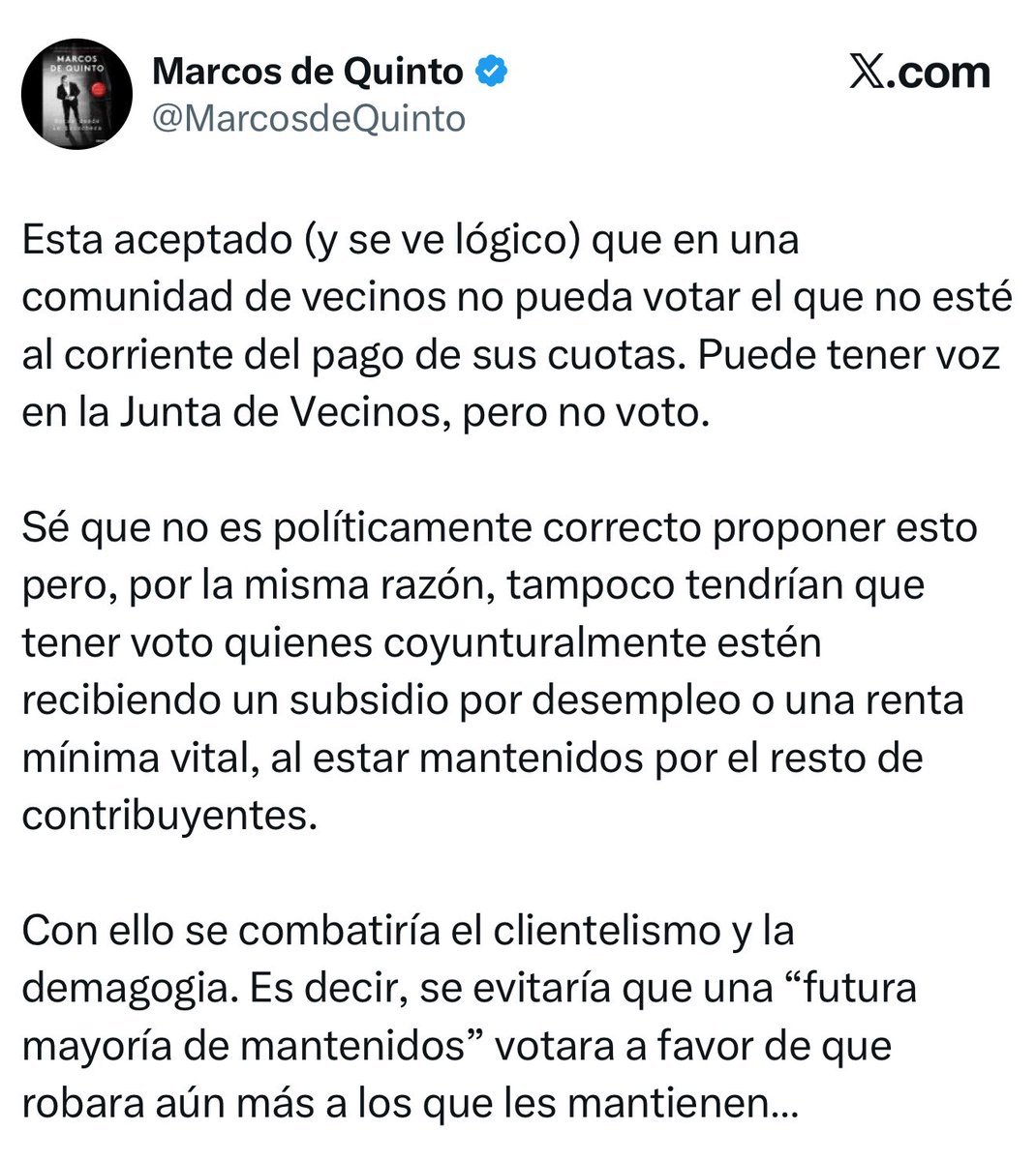 PedroSalinas_V's tweet photo. Me gustaría preguntarle a @MarcosdeQuinto si a los propietarios, accionistas y empleados de empresas que reciben subvenciones, ayudas, rescates, rebajas fiscales, etc debería quitárseles el voto ya que todos ellos están mantenidos por el resto de contribuyentes. Soy todo oídos. https://t.co/n7xqvSXoNK