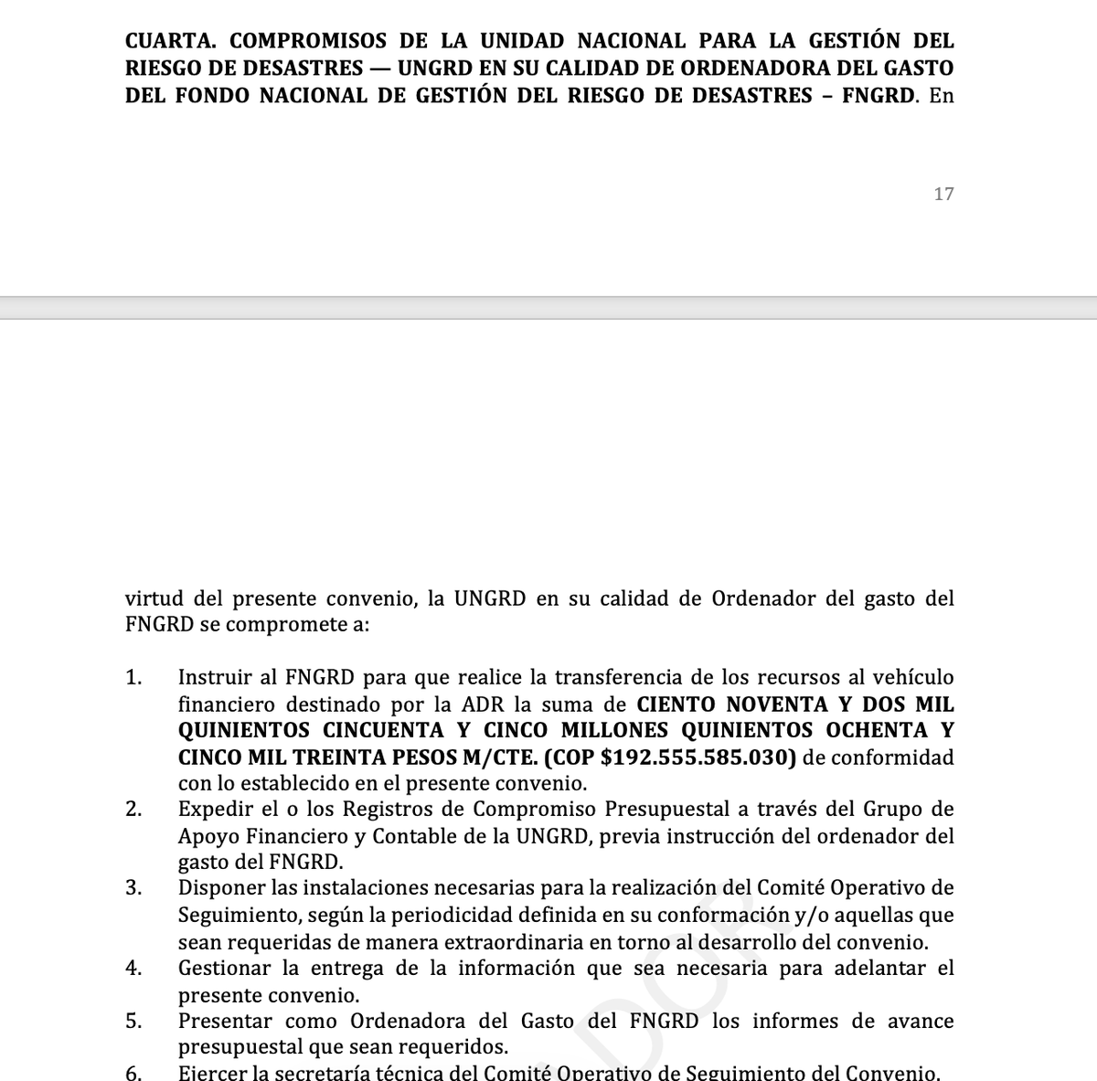 Melquisedec70's tweet photo. Atentos. Este es el convenio por $192.555 millones que tenía listo para firmar, afanadísimo, don @CesarPachonAgro saliente director de la @ADR_Colombia con la @UNGRD 

Por esto fue que expidió una resolución declarando "día hábil" el sábado 8 de agosto y declarando insubsistente ayer al vicepresidente de gestión contractual, que solo llevaba 10 días en el cargo. 
A las 9:51 de la mañana del jueves 6 de agosto el director de la @UNGRD Javier Pava firmó la solicitud del CDP, Certificado de Disponibilidad Presupuestal por ese valor.
La operación comenzó el 15 de julio en la misma UNGRD.

La plata se manejaría a través de la @Fiduprevisora con un desembolso inmediato de $134.788 millones.

También había otro por $30 mil millones con el departamento del Casanare, que tiene interesantes detalles... sobre eso más tarde les cuento.