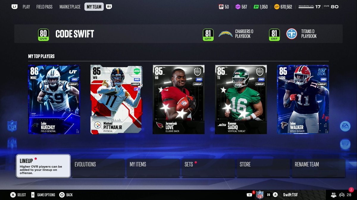 SwiftYouTube_'s tweet photo. What To Do Today In MUT! 👇

1) Max upgrade all evo players in your lineup (captain, pregame access etc.)

2) Complete the epic solo challenges and the ladder solo challenges 

3) Pick a team and start building a 25 item theme team that matches your lineup

4) Complete all weekly and program xp missions in the S1 field pass

5) Follow for daily "what to do" updates