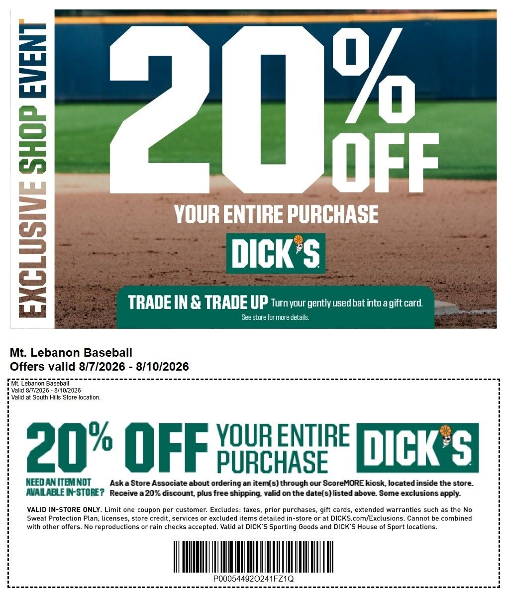 LeboBaseball's tweet photo. Lebo Baseball Dick's Sporting Goods Fall Discount Weekend! 
August 7-10, 2026
20% off ENTIRE Purchase with coupon! 
https://t.co/rYJdgfXUVJ https://t.co/qBCUSy5Lnv