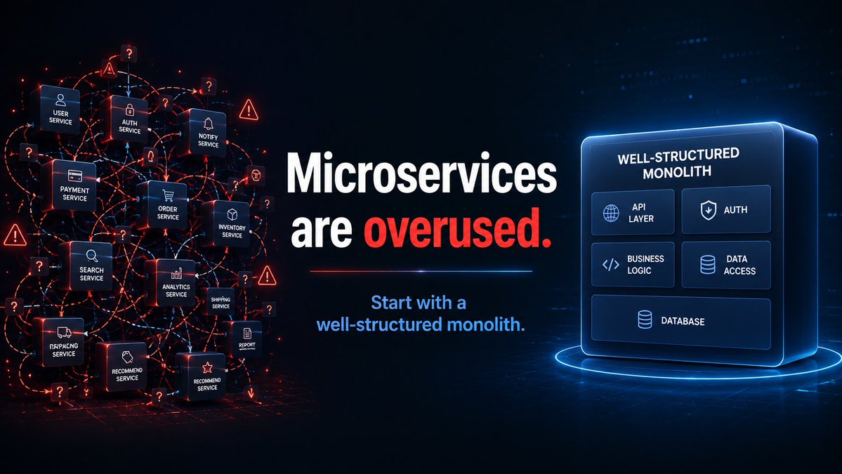 ivastin_web's tweet photo. Unpopular opinion:

Microservices are overused.

Many teams split systems too early, then spend months fixing complexity they created themselves.

A good monolith would’ve been faster, cheaper, and easier to maintain.

@XDevelopers — agree or disagree? 👀

#SoftwareEngineering https://t.co/5u0cGVlsGq