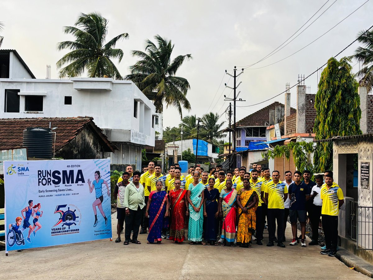 IndiaCoastGuard's tweet photo. On 09 Aug 2026, @IndiaCoastGuard Regional Headquarters (West) and units under command organised #RunForSMA across the region, with Coast Guard personnel standing in solidarity with families affected by SMA, the initiative promoted fitness, awareness and a healthier Nation.

#VayamRakshamah #SMAAwareness
#KheloIndia
#RunForSMA2026