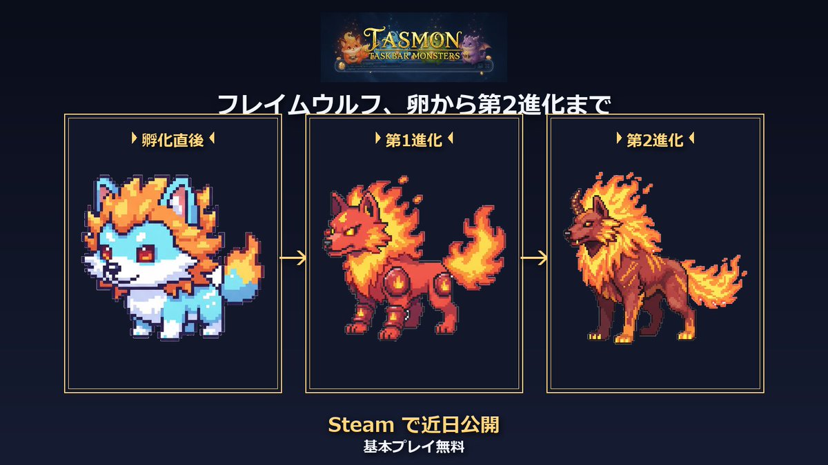 blackcatman24's tweet photo. 折角なので一番力を入れているモンスターの進化を紹介します。

🐺 コモン級のスターター格、フレイムウルフ。

水色の毛並みに炎のたてがみを持つ子犬から、全身が業火をまとう狼へ。一番手に入りやすい種族なのに、進化後の見た目は全然かっこいい仕上がりに

『TASMON: Taskbar Monsters』近日Steamで公開・基本プレイ無料

#ゲーム開発 #放置ゲーム #インディゲーム #TBH