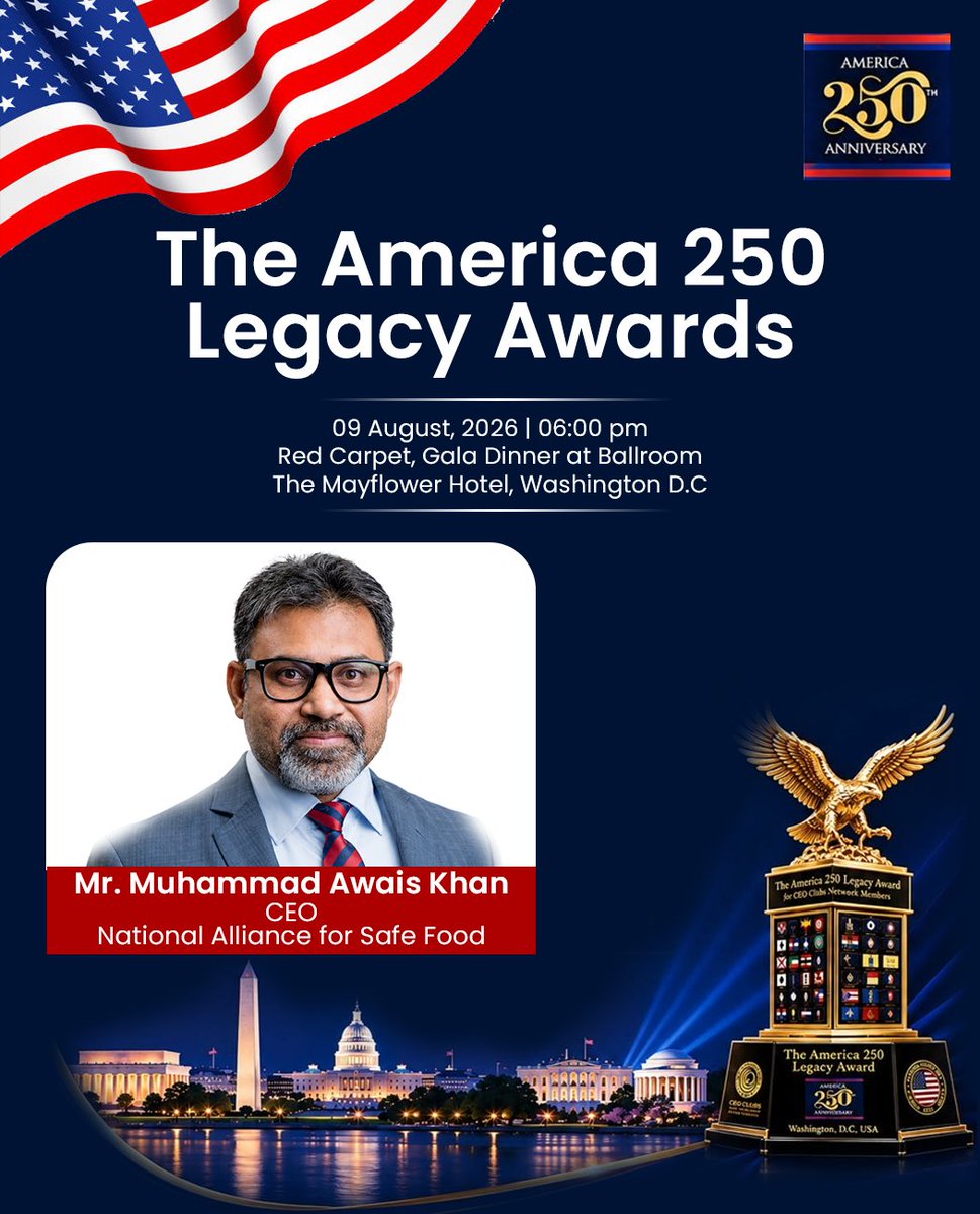 AwaiskhanRana's tweet photo. The America's 250 Years Legacy Award & Celebration, Washington D.C.🇺🇸
The event brought together global leaders around the world by the CEO Clubs Network Worldwide at The Mayflower Hotel, Washington, D.C.
#NAFS #Pakistan #USA #Trade #Investment #Leadership #GlobalPartnerships https://t.co/Si6PV783ei