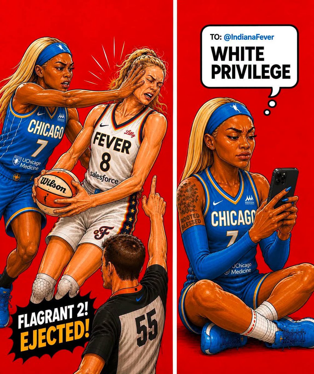 DrexelGlen19289's tweet photo. Apparently… a heated moment between Chicago Sky guard DiJonai Carrington and Indiana Fever guard Sophie Cunningham became one of the biggest talking points from their August 8 matchup. Carrington made hard contact with Cunningham around the head and face while trying to stop her on a fast break, leading Cunningham to immediately confront her.
Officials reviewed the play and assessed Carrington a Flagrant 2 foul, which resulted in her ejection. Cunningham later said that she believed Carrington hit her intentionally. The incident added another chapter to the increasingly physical history between these players and teams.
The story continued off the court. After being ejected, Carrington posted WHITE PRIVILEGE on social media and tagged the Indiana Fever. The post quickly drew attention because it appeared to question whether race played a role in how the incident was judged or discussed.
The Fever ultimately defeated the Sky 90-86, but the Carrington-Cunningham confrontation became the lasting story from the game. Between the hard foul, the ejection, Cunningham’s accusation of intent, and Carrington’s social media response, the controversy continued well after the final buzzer.