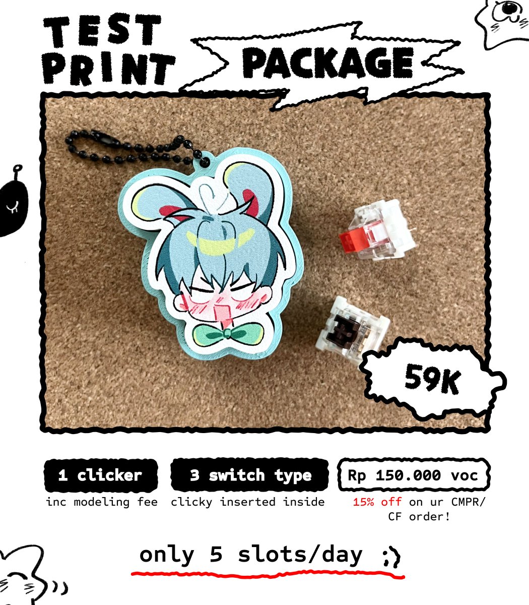 Chissu03's tweet photo. [RT/🖤] alley & ends calendar until OCT 2026 in preparation for #comipara7 and #comifuro23

🎊 New launch: Testprint package
- 1 custom clicker keychain, inc. modeling fee
- try on all switches
- EXCLUSIVE! IDR 150.000 voucher, 15% off for your CMPR/CF order (can be combined dengan bulk disc)

More info🔽