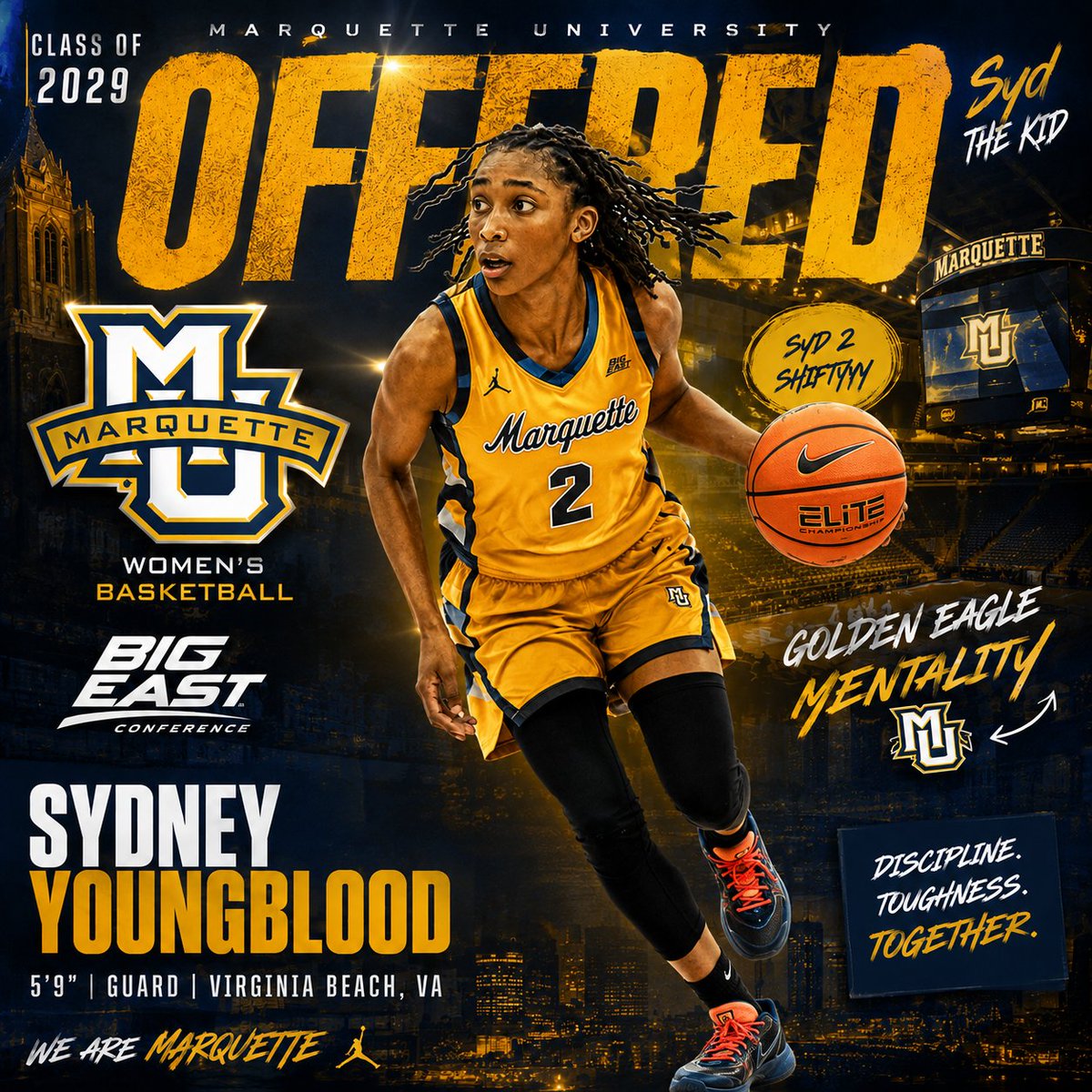 Sydi_hoops's tweet photo. After a great conversation with @cconsuegra , I’m  blessed to say I received an offer from @MarquetteWBB . Thank you to the entire coaching staff for believing in me. I truly look forward to building a relationship 🙏🏽#agtg

 #MUBB  #bethedifference @BWSLGirlsAAU @CatholicWb 
@CoachD_MU @MUCoachJoe