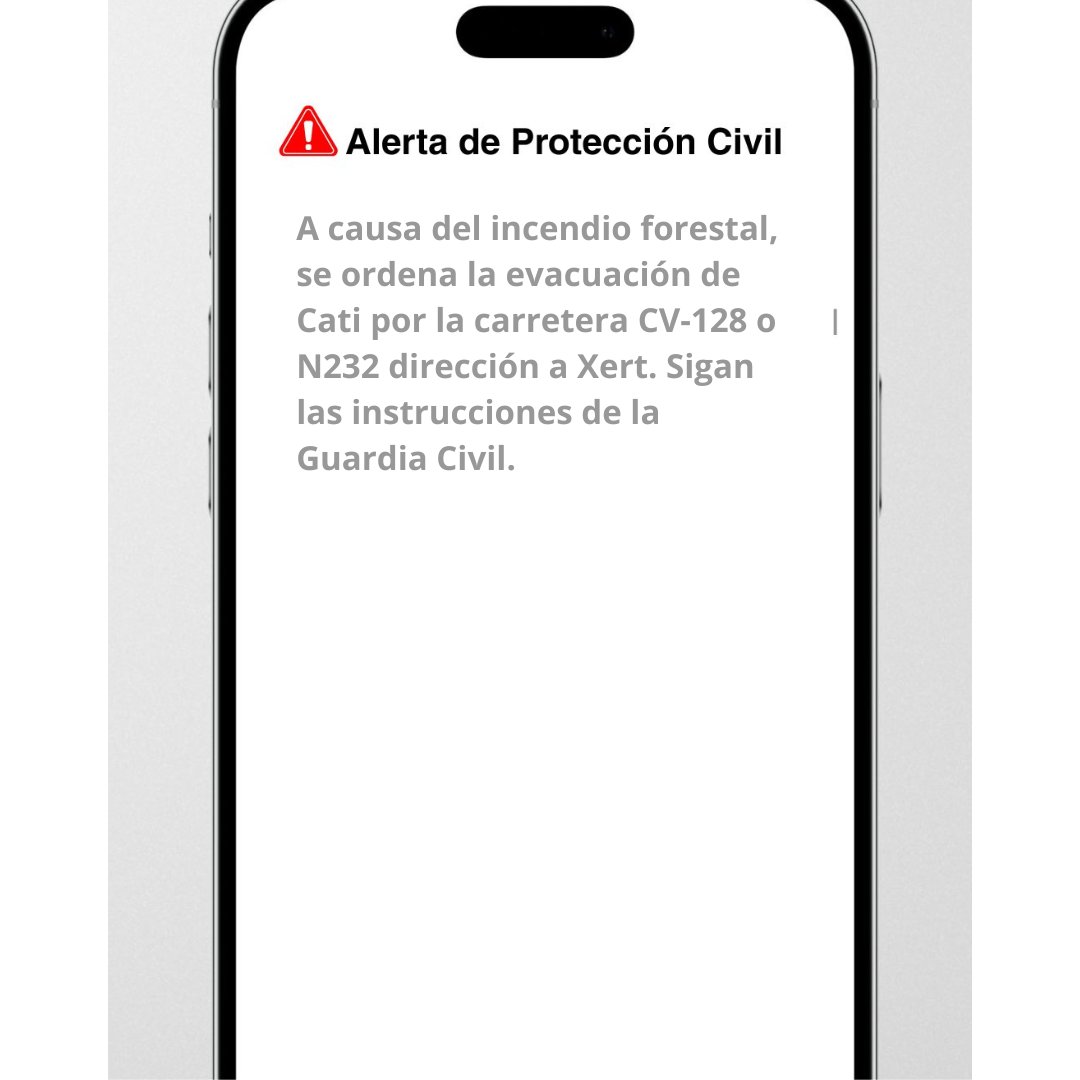 GVA112's tweet photo. 📲La @generalitat, a través del Centre de Coordinació d'Emergències, ha activat el sistema d'avís a la població És-Alert per a informar de l'evacuació del municipi de Catí per l'incendi de #IFTirig 

El text del missatge és el següent⤵️ https://t.co/9Gd9AShf5g