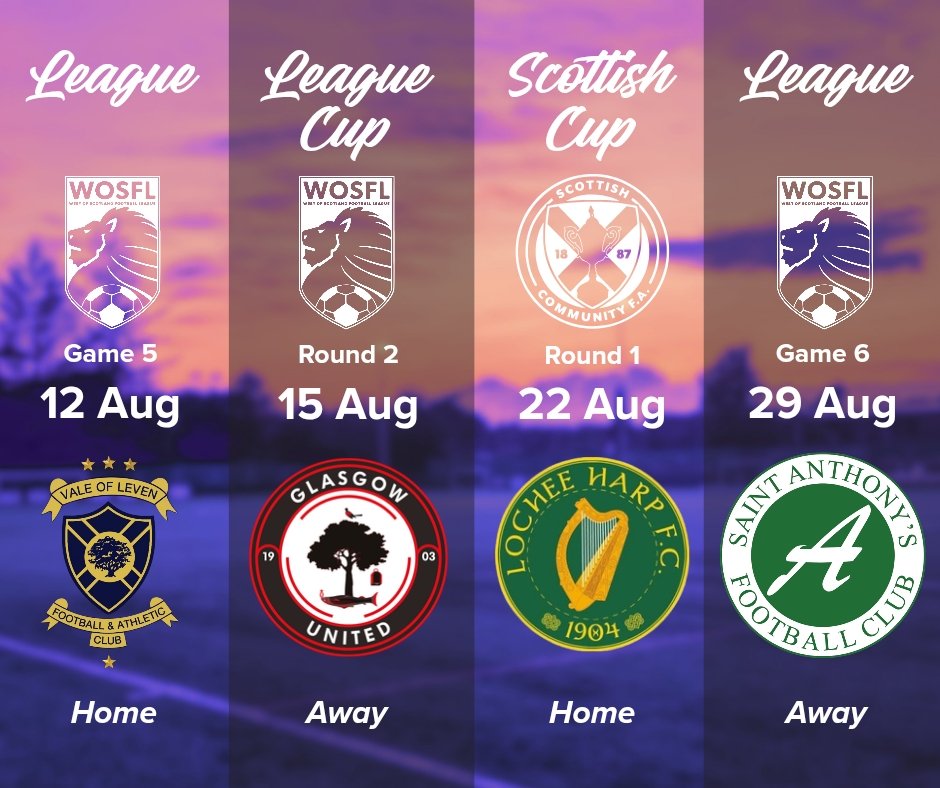 EKYM_FC's tweet photo. August's remaining fixtures, the first being a home league game against @ValeofLeven on Wednesday night. https://t.co/dWXim9KNuW