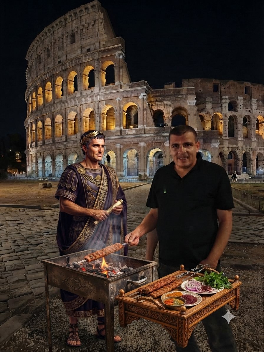 Ali60982984's tweet photo. "Sezar'la Roma'yı biz kurduk, mangalı da biz yakarız! 🔥 Neron'u pakete gönderdik, kebapları afiyetle yiyoruz. Keyif yerinde! 😋🍷 #Roma #Kebap #Nero"
#Roma
#Kebap
#MangalKeyfi
#TarihiLezzet
#Sezar
#Neron
#PaketServisi
#AfiyetOlsun https://t.co/Itd2kBrTTv