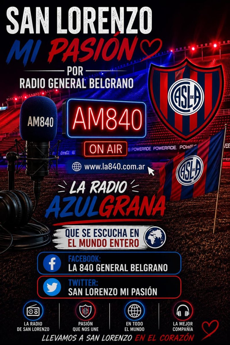 vueltaboedo1908's tweet photo. 📻 SAN LORENZO MI PASIÓN
El programa radial #1 que escucha el mundo entero 
HOY de 17 a 18 hs
Escuchanos en vivo: 
📡 Sintonizanos por: 🌐 Internet RADIOGENERALBELGRANO
📱 Facebook: la840radiogeneralbelgrano
📲 App oficial: am840radiogeneralbelgrano📻 https://t.co/GiAvwEsF3D