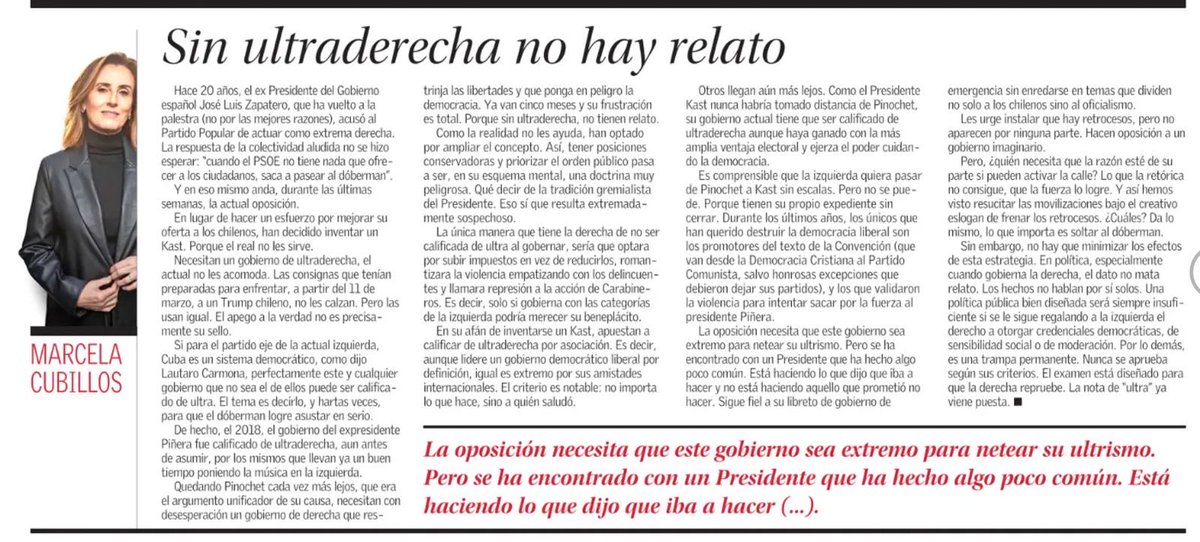 mcubillossigall's tweet photo. Hoy en El Mercurio: “Sin ultraderecha no hay relato”

…La oposición necesita que este gobierno sea extremo para netear su ultrismo. Pero se ha encontrado con un Presidente que está haciendo lo que dijo que iba a hacer, y no está haciendo aquello que prometió no hacer… https://t.co/9ge8F5vseM