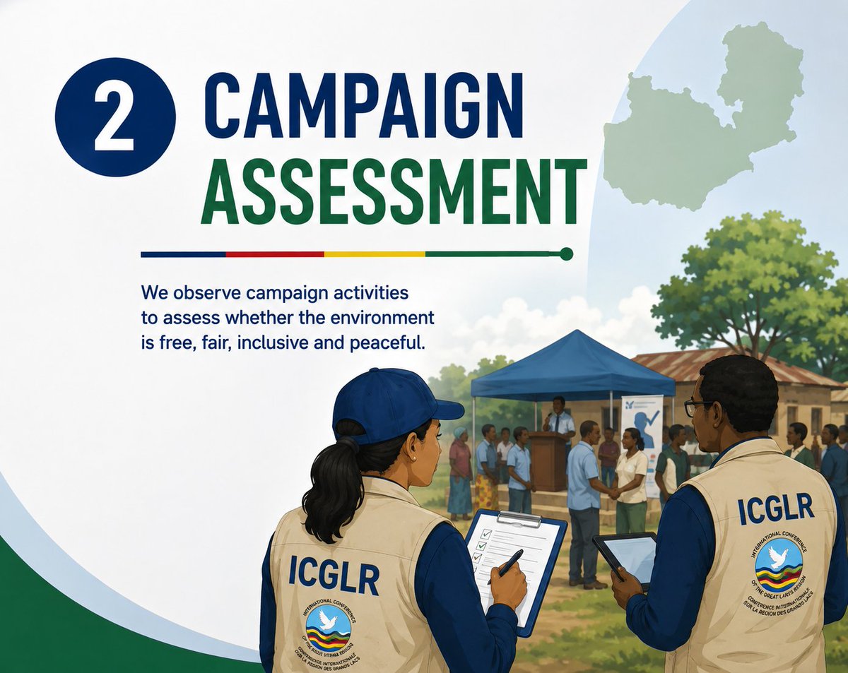 _ICGLR_'s tweet photo. 2️⃣ Campaign Assessment
📣 Election observation starts long before ballots are cast.
ICGLR observers assess the campaign environment by observing campaign activities, monitoring media access and evaluating whether political actors can campaign freely, fairly and peacefully.
Independent observation helps build confidence in the electoral process.
#ZambiaElections2026 #ICGLR #Democracy