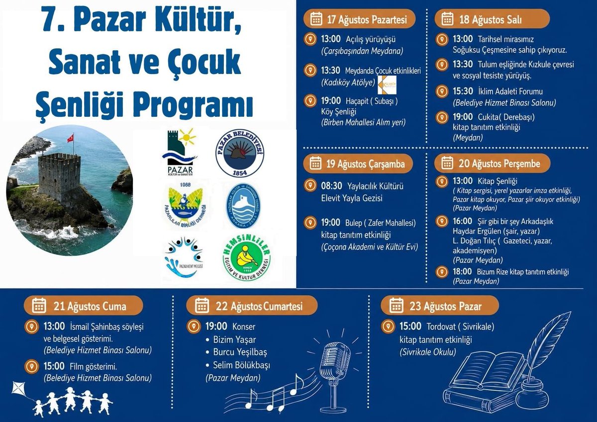 PazarKSE's tweet photo. 7. Pazar Kültür, Sanat ve Çocuk Şenliği Başlıyor! 🎉
Hep birlikte kültüre, sanata, doğaya ve çocukların neşesine doyacağımız şenliğimizin programı belli oldu! Birbirinden değerli söyleşiler, atölyeler, geziler ve konserlerle dolu bu haftayı kaçırmayın. Tüm halkımız davetlidir! 👇 https://t.co/HXhNKlUQYN
