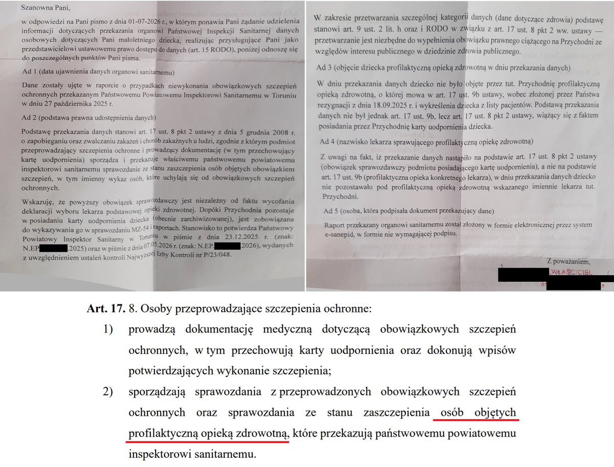 szczepienie's tweet photo. Przychodnia ujawniła dane osobowe rodziców i dziecka sanepidowi już po wypisaniu dziecka.

Rodzice zapytali więc, na jakiej podstawie prawnej dziecko zostało zgłoszone do sanepidu, skoro nie było w przychodni objęte profilaktyczną opieką zdrowotną.

Widzicie, w jaki prymitywny sposób przychodnia próbuje tutaj oszukać rodziców w kwestii podstawy prawnej?🤭