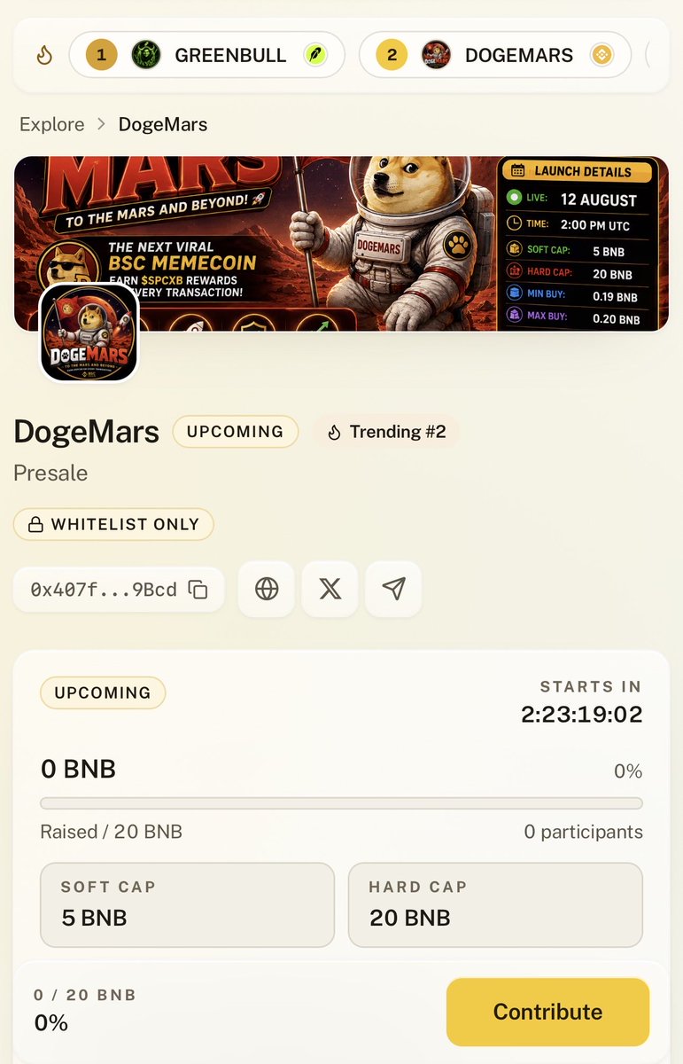 DogeMarsBNB's tweet photo. $DOGEMARS trending #2 on CheesePad 🔥🐕

Presale goes live at 2pm utc 12 Aug

Get ready memecoin lovers🚀

Doge x Mars = DogeMars 🐕🚀

Presale link: https://t.co/Bn6xIMP03X

#MEME #CHEESEPAD #BNB #BSC #CZ #DOGE #MARS #MEMECOIN #100X #GEM https://t.co/xE6qDygetg
