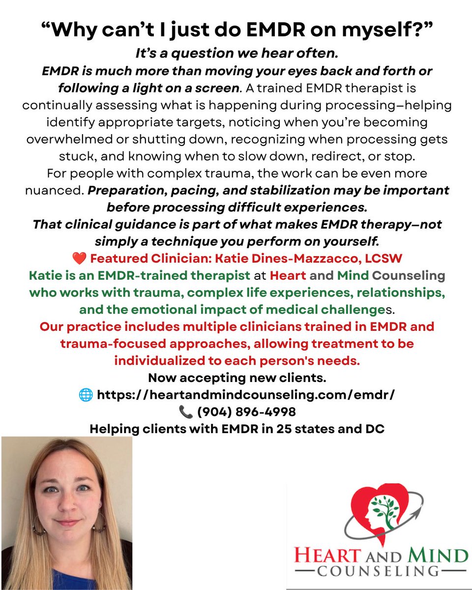 HeartandMindCo1's tweet photo. “Why can’t I just do EMDR on myself?”

Because EMDR is more than eye movements. A trained therapist provides the preparation, pacing &amp; clinical guidance that make it therapy.

Learn more: https://t.co/3yP4M0S0y5

#EMDR #TraumaTherapy #PTSD https://t.co/05PGiSfD4x