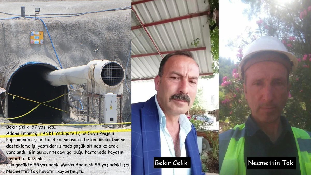 isigmeclisi's tweet photo. Bekir Çelik..
57 yaşında..
Adana İmamoğlu ASKİ Yedigöze İçme Suyu Projesi kapsamında açılan tünel çalışmasında beton püskürtme ve destekleme işi yaptıkları sırada göçük altında kalarak yaralandı..
Bir gündür tedavi gördüğü hastanede hayatını kaybetti..
Kozanlı..
Dün göçükte 55 yaşındaki Maraş Andırınlı 55 yaşındaki işçi Necmettin Tok hayatını kaybetmişti..