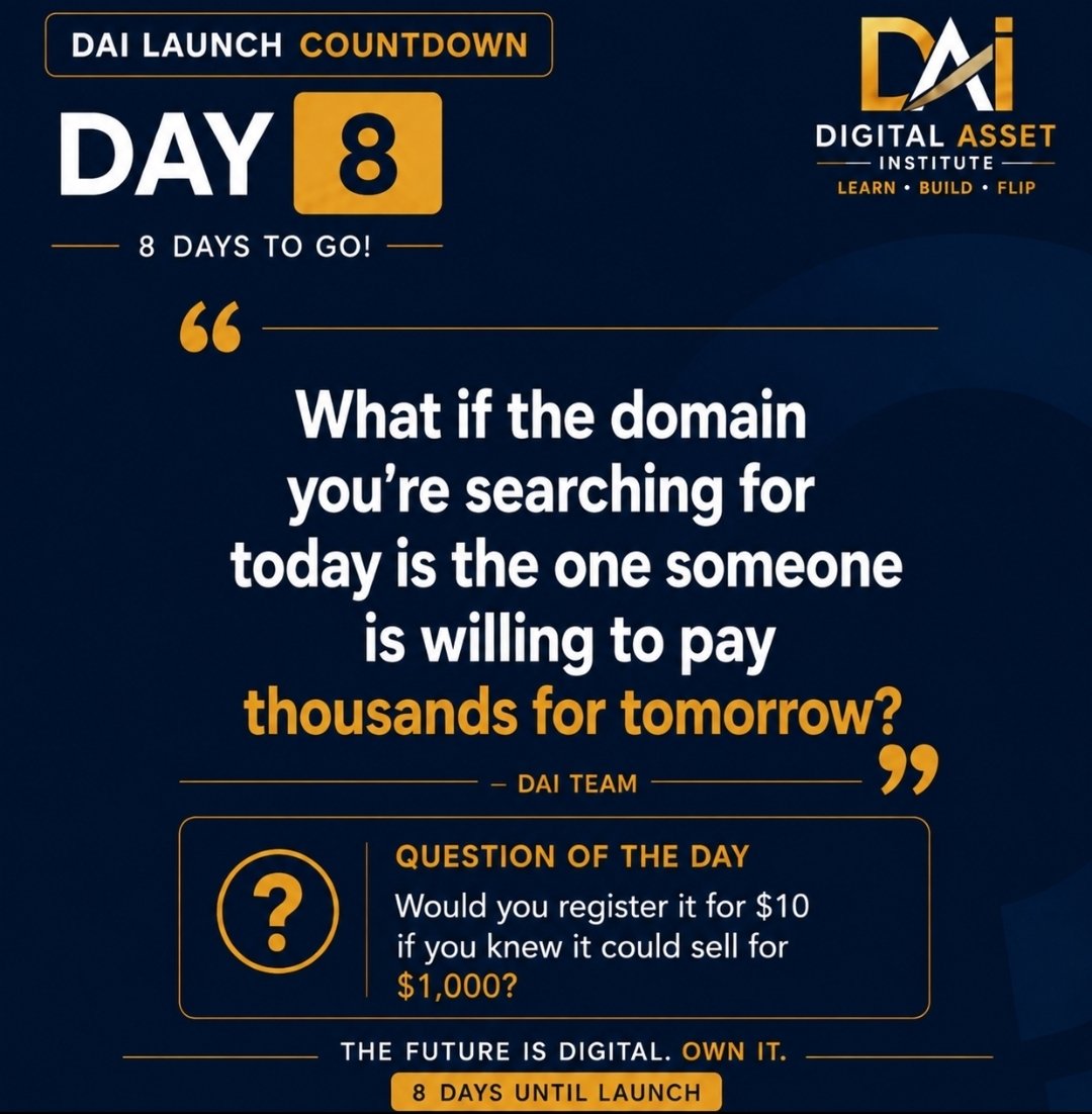 DomainDAI's tweet photo. What if the domain you overlook today becomes someone’s $1,000+ opportunity tomorrow? 👀
🚀 DAI • Day 8
🔗 Join us: https://t.co/SwuSufjKfc⁠

#domainflipping #DigitalAssets #trend https://t.co/CFhXkEsJ8C