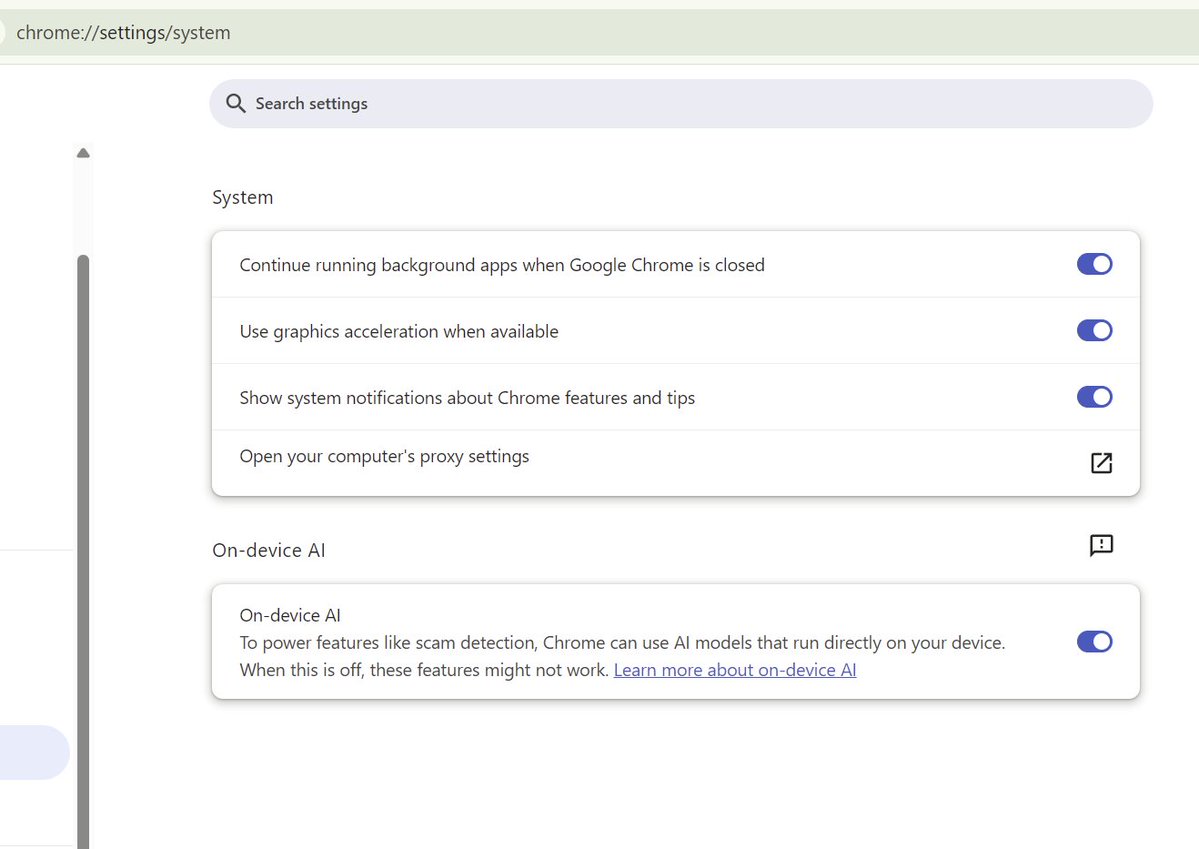 gleegmjournal's tweet photo. เผื่อใครหาทางเข้าไม่เจอ ให้พิมพ์ใน URL Bar ว่า 

chrome://settings/system  

แล้วเดี๋ยวมันจะ redirect มาที่หน้านี้เลย https://t.co/vxFlsMIHXa