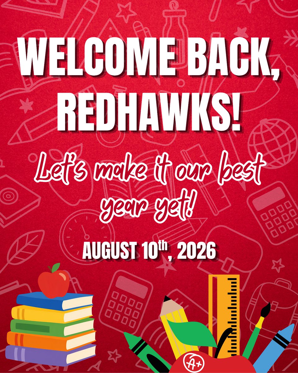 HISD_NHECHS's tweet photo. Welcome back, Redhawks! 📚✏️📓
New school year begins tomorrow, August, 10th.
Let’s start strong and make this school year our best one yet!
🕐 School Hours: 7:50 AM – 3:30 PM
See you tomorrow, Redhawks! ❤️🖤
#FirstDayOfSchool #NHECHS #NewSchoolYear https://t.co/oqteJZ8i2S