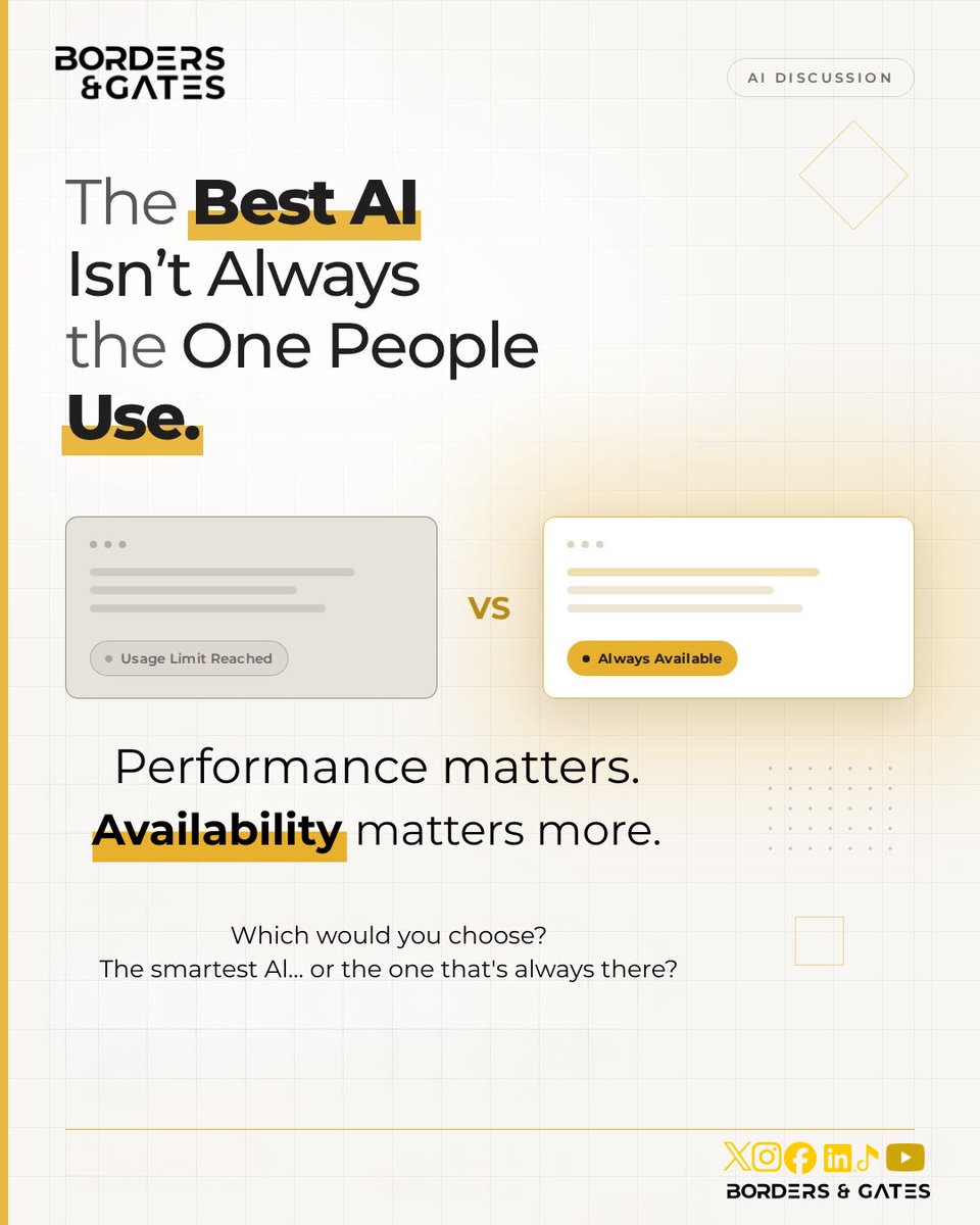 BordersnGates's tweet photo. Funny how AI companies spend billions making models smarter

then lose users over usage limits
Would you rather use the “best” model that keeps telling you you’ve hit your limit

Or a slightly less powerful model that’s always available when you need it? https://t.co/uIjR0HesmJ