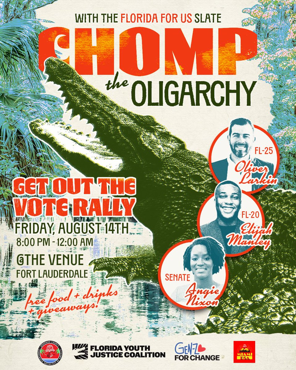 Jack_Petocz's tweet photo. Join us this Friday in Fort Lauderdale for a huge rally in support of @OliverALarkin, @AngieNixon, and @iElijahManley as the progressive momentum heads to the South!

FL deserves electeds who fight for the working-class, not the billionaires who vacation here. https://t.co/JMIPIvgjYq