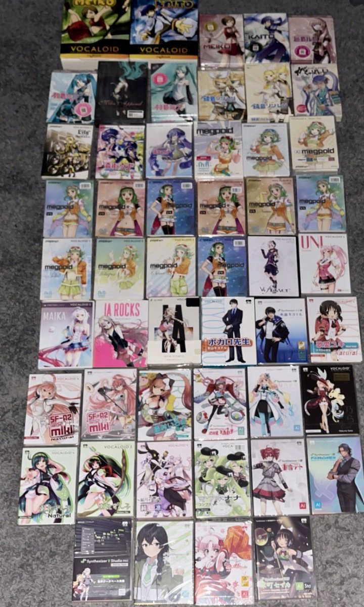 MeikoShrineSam's tweet photo. I haven’t done this in a long time but here’s all my physical vocaloids / synth V banks! https://t.co/1Mk5ZG9liv