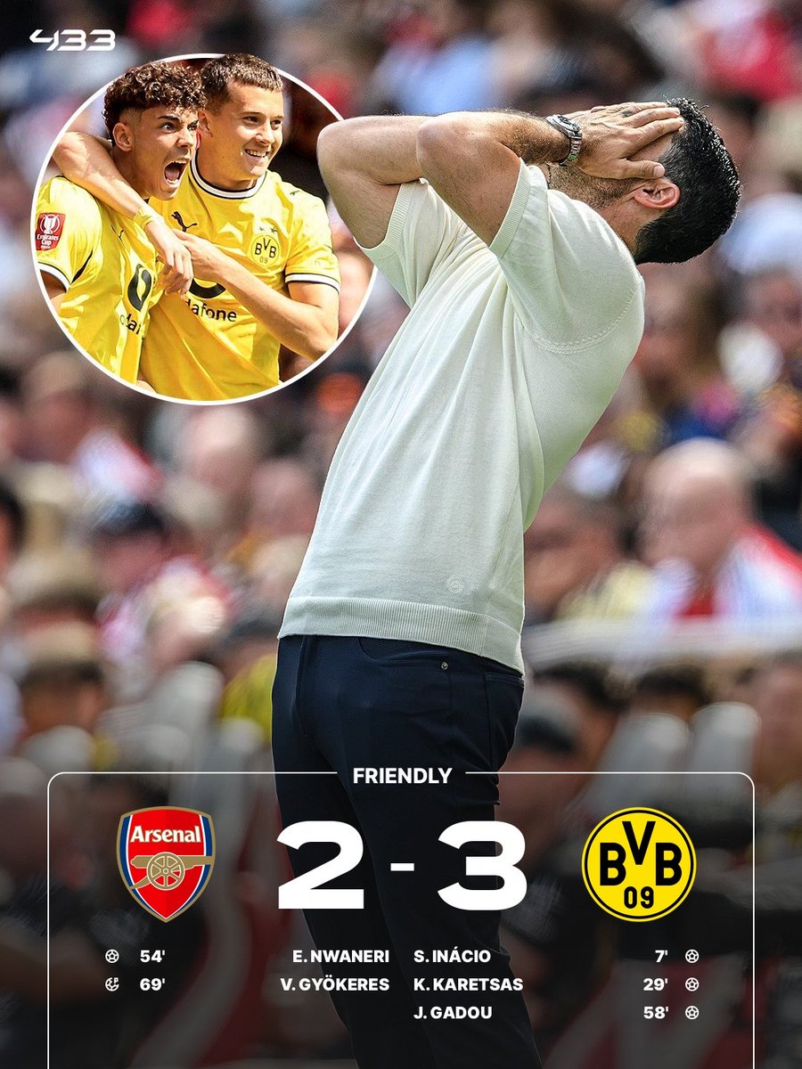 433's tweet photo. A second defeat in a row for Arsenal 🥴

After losing 1-3 to Betis, the Gunners go down 2-3 to Dortmund as well 🐝

Bruno Guimarães says hi to the Emirates 👋 https://t.co/rIZlV2je3A