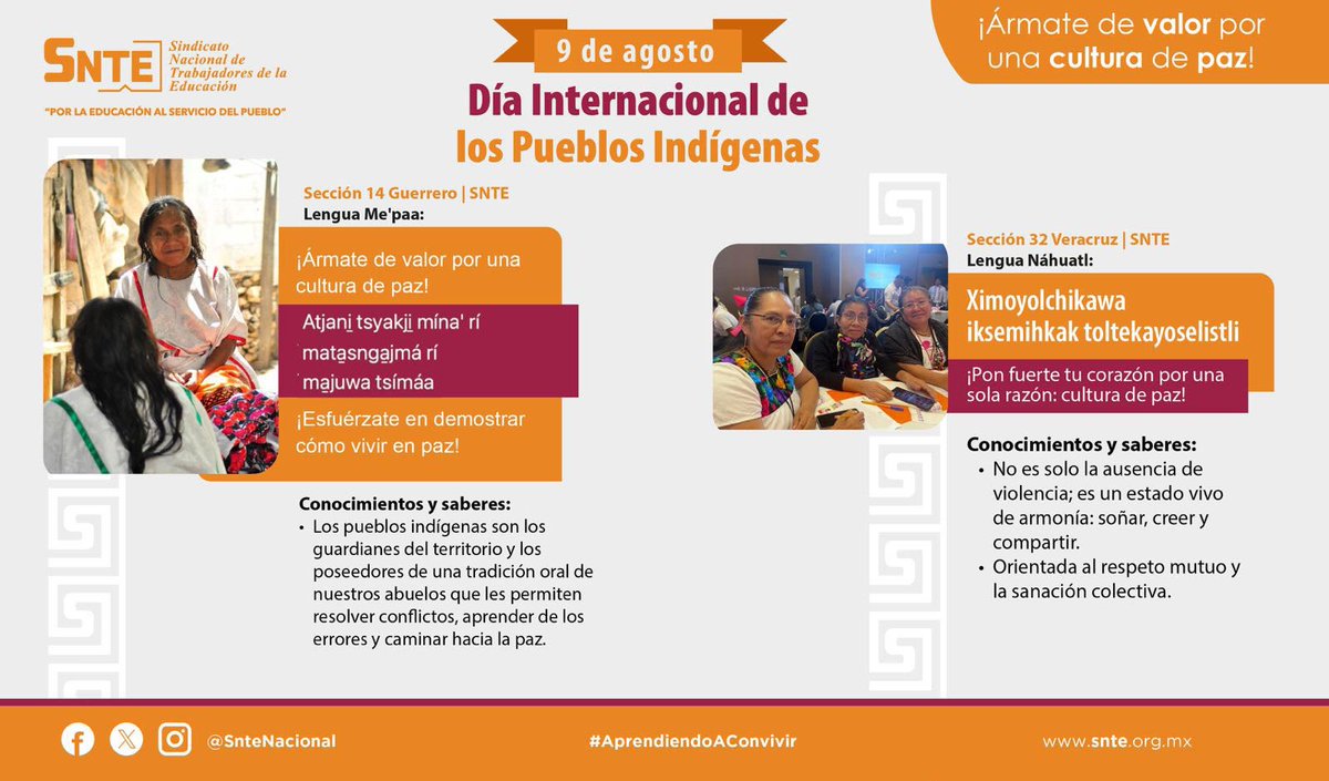 SnteNacional's tweet photo. Á𝐫𝐦𝐚𝐭𝐞 𝐝𝐞 𝙫𝐚𝐥𝐨𝐫 𝐩𝐨𝐫 𝐮𝐧𝐚 𝐜𝐮𝐥𝐭𝐮𝐫𝐚 𝐝𝐞 𝐩𝐚𝐳 🕊️

En el Día Internacional de los Pueblos Indígenas, #9deAgosto, aprendamos de sus saberes y del respeto a la tierra. 🌱✨ 
#AprendiendoAConvivir https://t.co/TszpRp3McJ