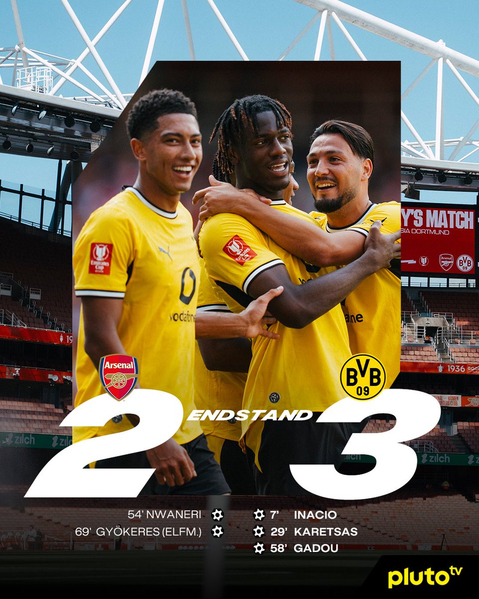 BVB's tweet photo. 🤩 Abpfiff! Wir besiegen @Arsenal nach den Treffern von Inacio, Karetsas und Gadou mit 3:2 und gewinnen damit den Emirates Cup! 🏆 
Am kommenden Samstag (15.08.) gibt's dann endlich auch wieder BVB-Fu��ball in Dortmund! Um 17:30 Uhr treffen wir zur Saisoneröffnung auf die AS Roma. Seid dabei, es gibt noch Tickets! 
 🔗 https://t.co/P3lcU12QOt