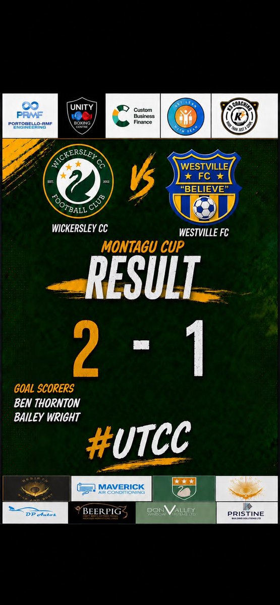 WickersleyCCFC's tweet photo. Montagu Cup result 🏆
Wickersley CC 2 - 1 @westvillefc
What a performance from the lads 🔥 2 top teams going at it in a back and forth game ⚽ Deserved what we got in the end 💯
All the best to Westville for the rest of the season 🤝
MOM: Ruddy 👏
#UTCC
🟢🟡 https://t.co/t7qKvIlmnI