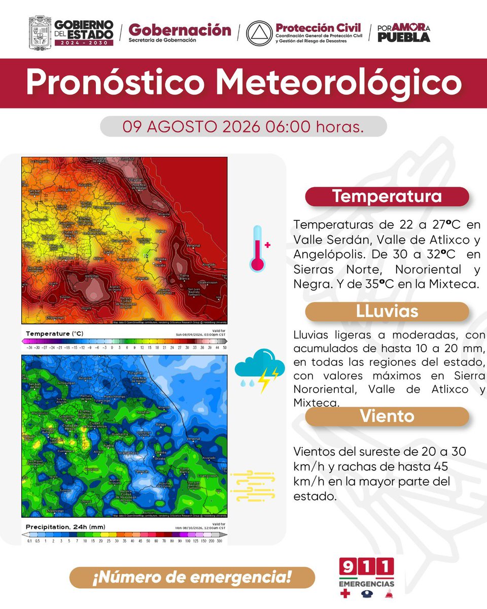 SICOMSanMartin's tweet photo. 🔥 Ambiente cálido a caluroso durante el día.

⛈️ En el día se prevén lluvias ligeras a moderadas, con posible actividad eléctrica en todas las regiones del estado, con valores máximos en Sierra Nororiental, Valle de Atlixco y Mixteca.

⚠️ Extreme precauciones. https://t.co/WXeFpcUkyd