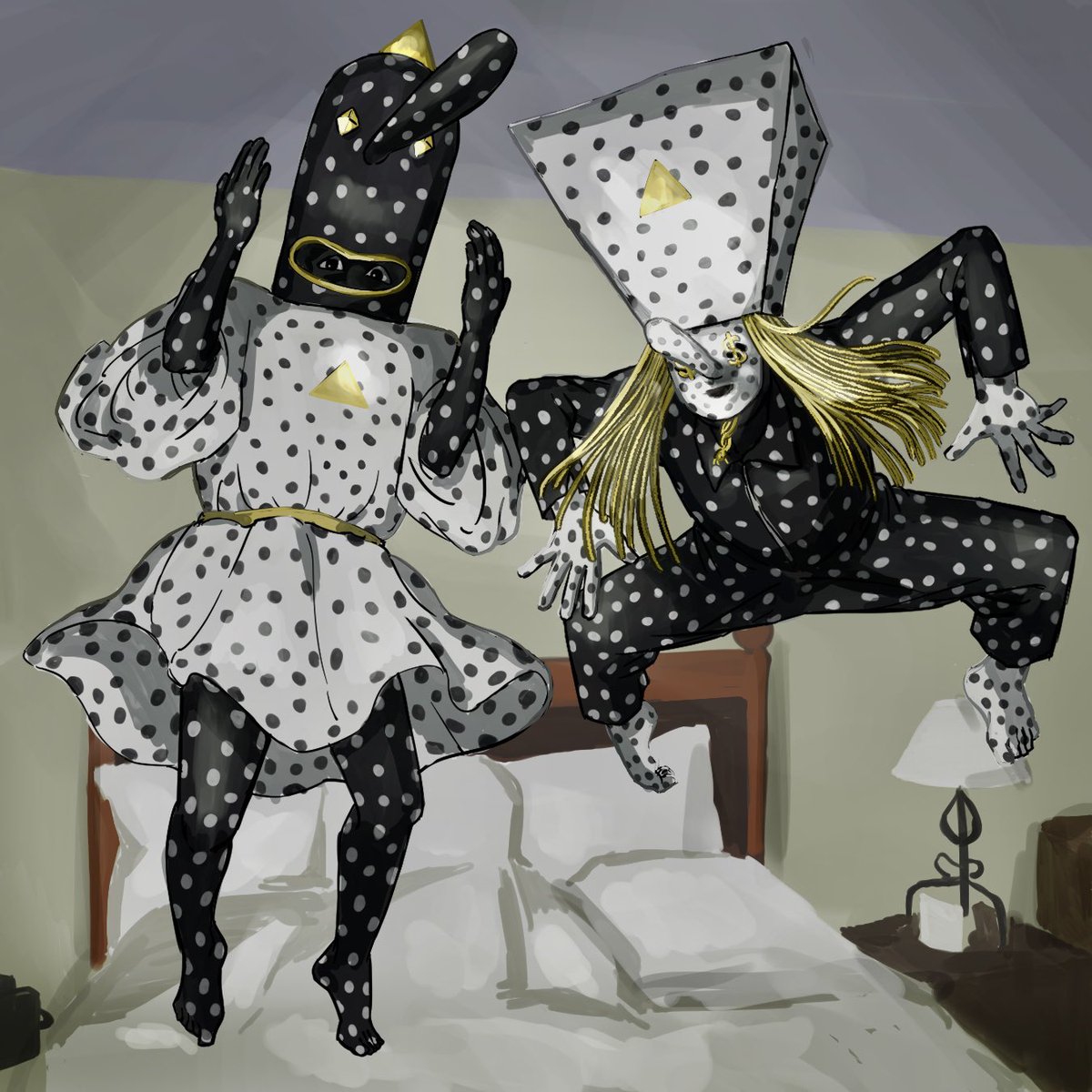 koukaku_kani's tweet photo. Two aliens bouncing on the bed
※トレス　すみませんでした https://t.co/M87UncIYT2