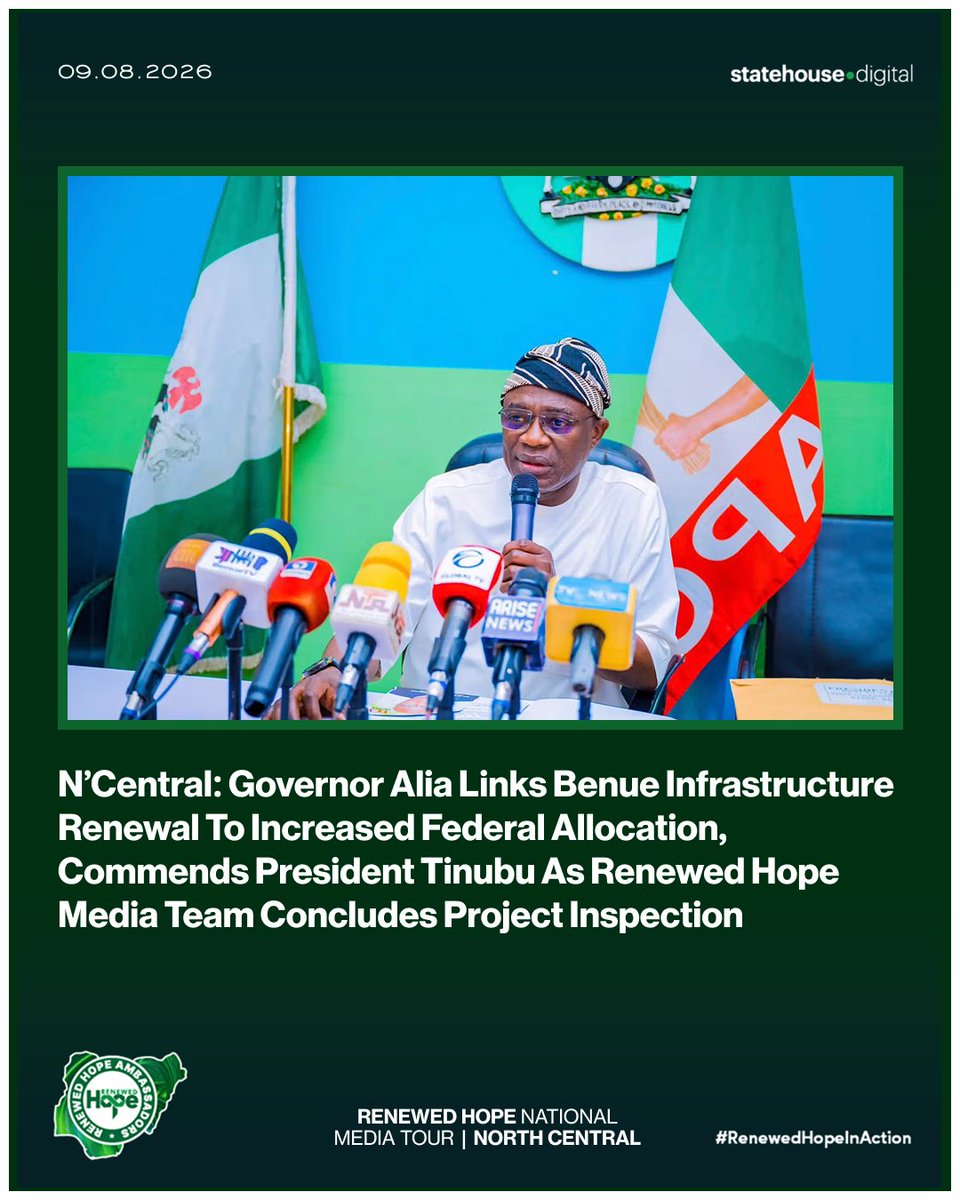NGRPresident's tweet photo. N’Central: Governor Alia Links Benue Infrastructure Renewal To Increased Federal Allocation, Commends President Tinubu As Renewed Hope Media Team Concludes Project Inspection.
@NigeriaGov | @benuestategovt | @HyacinthAlia
#RenewedHopeAgenda #PresidentTinubu #StateHouseDigital #RenewedHopeInAction #RenewedHopeMediaTour