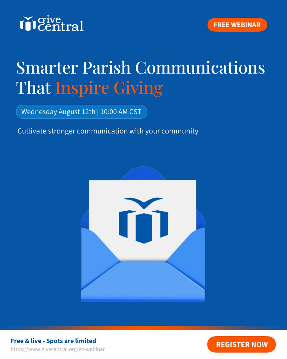 GiveCentral's tweet photo. Cultivate stronger communication by learning how to improve open rates, simplify your messaging, and use tools like GC Guru AI.

Smarter Parish Communications That Inspire Giving
Wednesday August 12th, 2026 | 10:00 AM CT | Free &amp; Live

Spots are limited:
https://t.co/wcFMbOb91S https://t.co/eHnkvFud4R