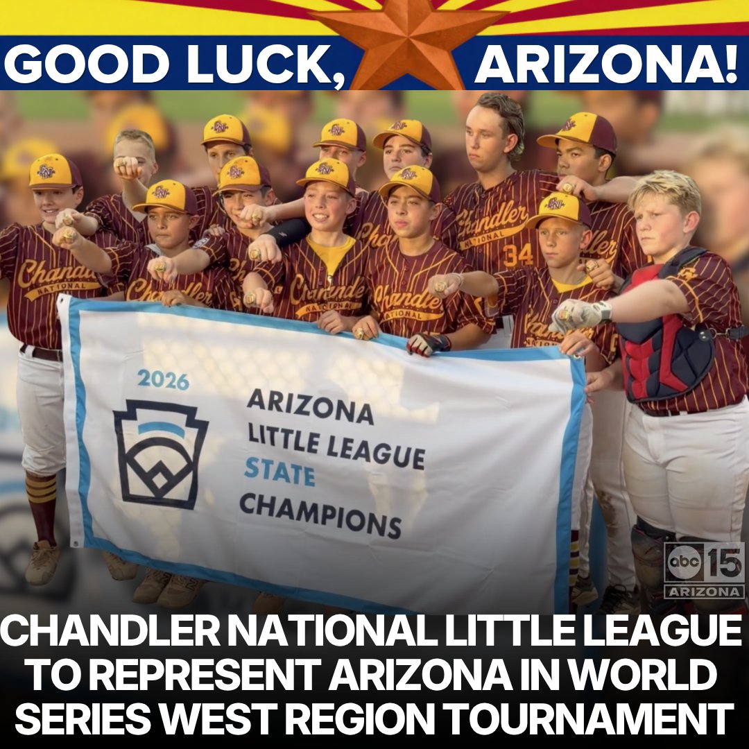abc15's tweet photo. Good luck, Chandler National! ⚾️ The boys are in San Bernardino, California, today, representing Arizona in the West Regional tournament leading to the Little League World Series. https://t.co/KCSpPt628d https://t.co/ubMdBSpBIM