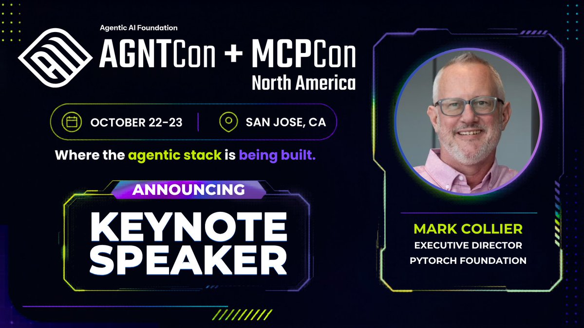 mcpsummit's tweet photo. Joining us in San Jose, CA, as a keynote speaker! @sparkycollier, Executive Director of the PyTorch Foundation, is heading to #AGNTCon + #MCPCon North America, October 22β23.
View the keynote lineup >> https://t.co/vlLQZdByZn
Register >> https://t.co/uzLbXoRiad https://t.co/inAYKFBFfo