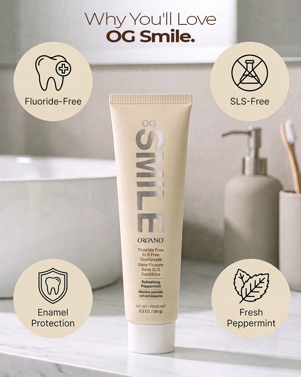 OrganoGold's tweet photo. Simple habits, big difference. 🍃 Switch to fluoride-free care with OG Smile.

With OG Smile Toothpaste, you're not just cleaning your teeth—you're choosing thoughtfully selected ingredients that help support a fresh, clean mouth while caring for your enamel every day. https://t.co/rjyPdSpKgI