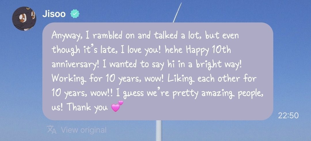 BBU_BLACKPINK's tweet photo. #JISOO: Anyway, I rambled on and talked a lot, but even though it's late, I love you! hehe Happy 10th anniversary! I wanted to say hi in a bright way! Working for 10 years, wow! Liking each other for 10 years, wow!! I guess we re pretty amazing people, us! Thank you 💕 https://t.co/yIdD4bzdGr